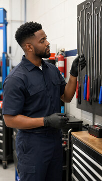 African American mechanic choosing dent repair tool from wall organizer in garage. Professional auto technician checking equipment for emergency vehicle bodywork maintenance task.