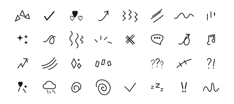 Line element movement hand drawn set. Line doodle sketch hand drawn movement effect icon pencil brush chalk stroke. Cute comic manga emoji emotion stars sparkle heart expression. Vector illustration