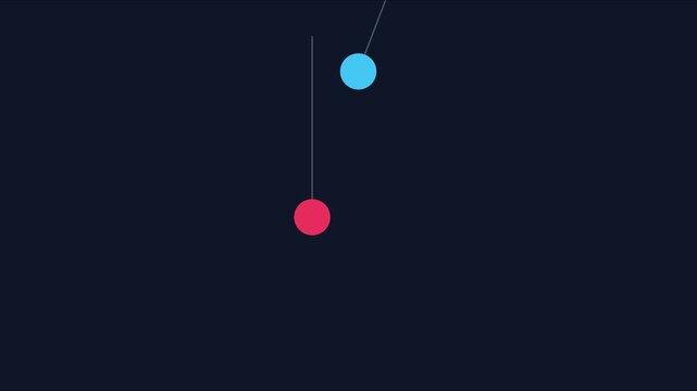 Minimalist pendulum motion with red and blue spheres swinging on dark animation 4k background, motion minimalist