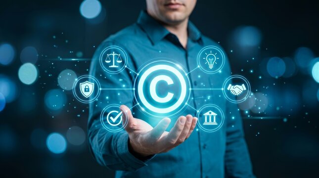 Businessman holding digital icons for copyright, patent, and intellectual property protection.