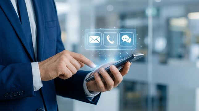 Businessman using a smartphone to access customer support hotline and contact us options.