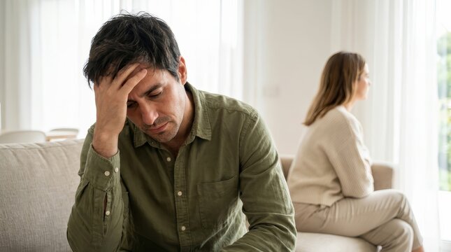 Sad husband and wife experiencing divorce and quarrels in a domestic setting.