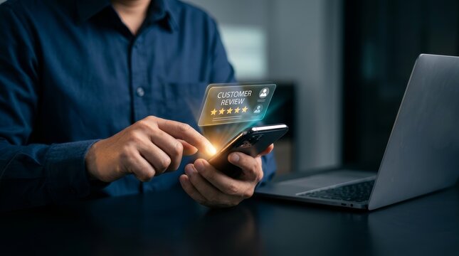 A person using a smartphone to view customer experience and feedback ratings.