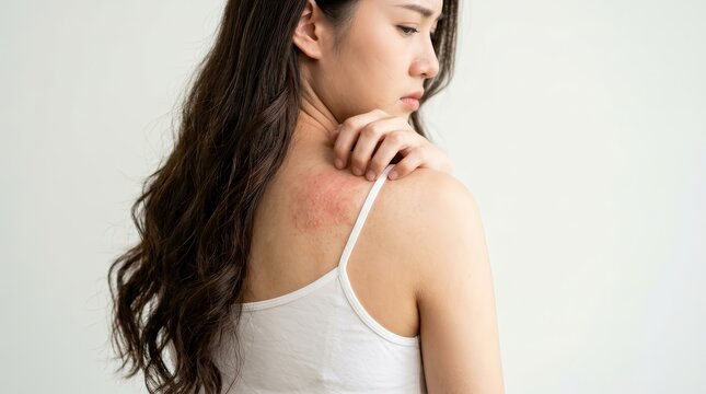 Asian young woman scratching an itchy red rash on her back due to an allergic reaction.