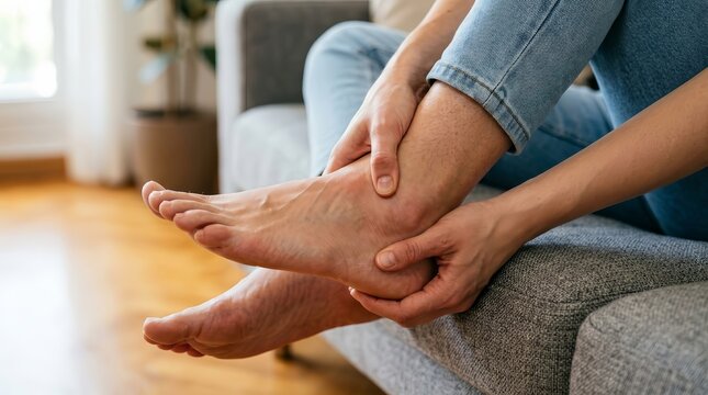 Young woman massaging her sore foot due to physical pain on a sofa.
