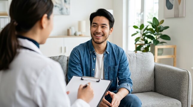 Asian young man smiling during mental health therapy session with a female psychologist.