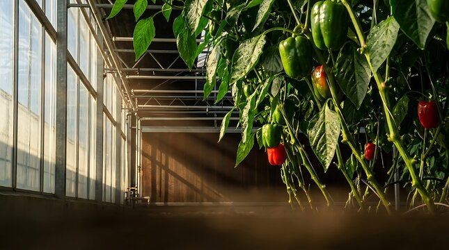 Fresh bell peppers growing in a modern greenhouse calcium crops production facility with sunrays