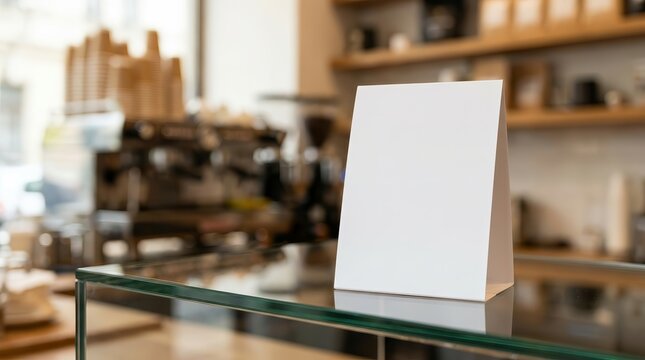 Blank menu tent card mockup in a cafe setting with a blurred background.