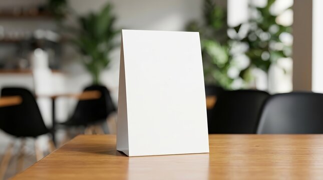 Blank white menu tent card standing on a wooden table in a cafe.