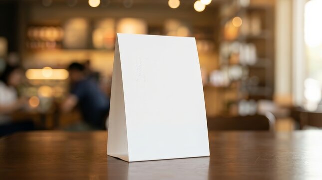 Blank white menu tent card stand mockup on a table with a blurred background.