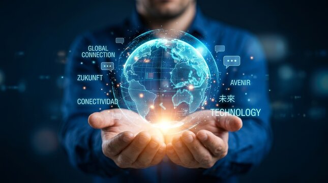 A person holding a holographic globe representing multilingual language translation technology.