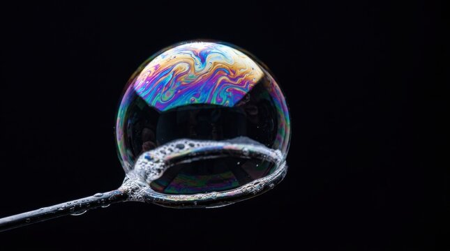 A colorful soap bubble resting on a wand against a solid black background