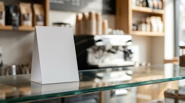 Blank menu tent card mockup in a cafe setting with a blurred background.