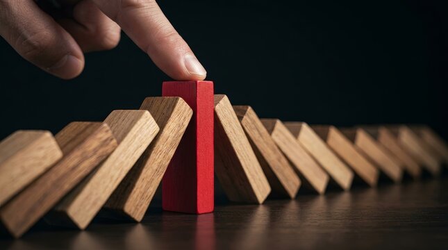 Businessman hands stop falling dominoes to manage business risk and crisis.