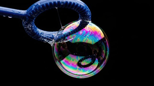 A colorful iridescent soap bubble hanging from a blue plastic wand against a black background