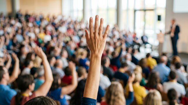 A person is raising hands for participation in a large crowd.