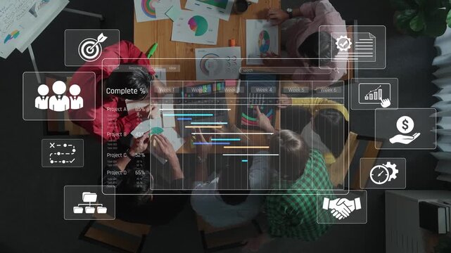 Engaging business meeting showcasing teamwork and project management through vibrant data graphics and analytics, helping teams achieve their goals efficiently. Raster