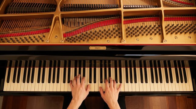 Close up top view of a musician playing the keys of a grand piano with the lid open showing the intricate internal strings and hammers for a classical music performance