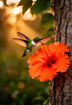 abeja, colibr&iacute;, flor, hibisco, naturaleza, vida silvestre, ave, ave tropical, polinizaci&oacute;n, polinizador, fauna, jard&iacute;n, vegetaci&oacute;n, bosque, &aacute;rbol, tronco, hojas, n&eacute;ctar, floraci&oacute;n, ecosistema, biodive