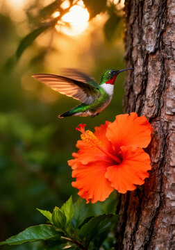 abeja, colibr&iacute;, flor, hibisco, naturaleza, vida silvestre, ave, ave tropical, polinizaci&oacute;n, polinizador, fauna, jard&iacute;n, vegetaci&oacute;n, bosque, &aacute;rbol, tronco, hojas, n&eacute;ctar, floraci&oacute;n, ecosistema, biodive