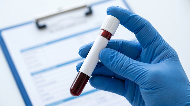 Close-Up of Medical Professional Wearing Blue Nitrile Gloves Holding a Labeled Red-Top Blood Sample Collection Tube Over Blurred Clinical Laboratory Test Request Form
