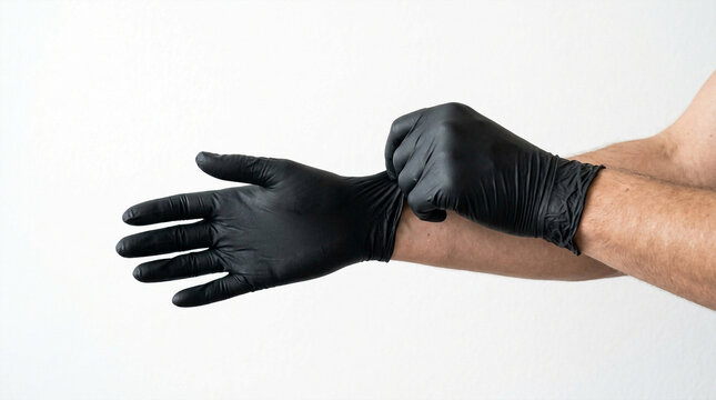 Person pulling on a black nitrile protective glove in professional medical setting
