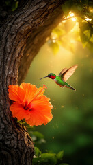 Fototapeta premium abeja, colibrí, flor, hibisco, naturaleza, vida silvestre, ave, ave tropical, polinización, polinizador, fauna, jardín, vegetación, bosque, árbol, tronco, hojas, néctar, floración, ecosistema, biodive