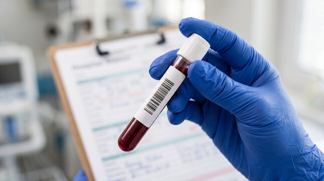 Close-Up of Medical Professional Wearing Blue Nitrile Gloves Holding a Labeled Red-Top Blood Sample Collection Tube Over Blurred Clinical Laboratory Test Request Form