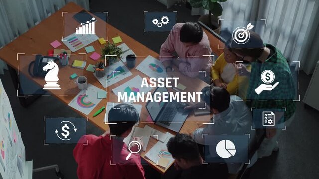 A diverse team of professionals collaborates on asset management strategies, analyzing visual charts and graphics in a modern office environment. Raster
