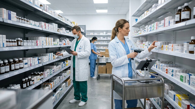 Pharmacist scanning medicine box with barcode reader, checking inventory in pharmacy or hospital