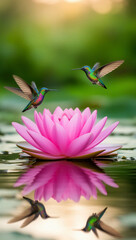 Fototapeta premium colibrí, aves, ave tropical, vuelo, naturaleza, vida silvestre, fauna, bosque tropical, selva, flor de loto, loto, flor rosa, agua, estanque, reflejo, reflejo en el agua, superficie del agua, biodiver