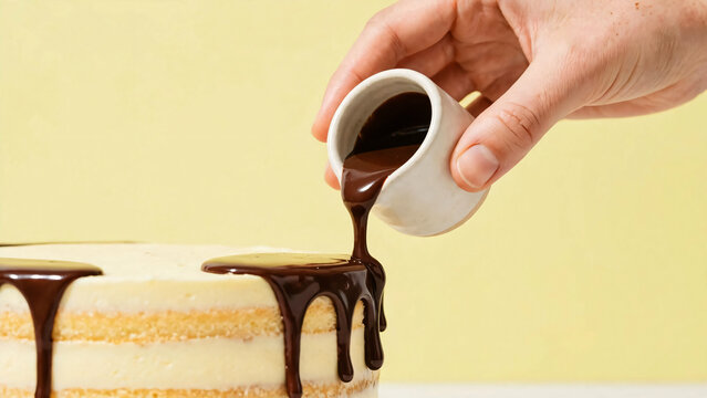 Gros plan sur une main versant du chocolat sur un g&acirc;teau