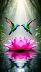 Fototapeta premium colibrí, aves, ave tropical, vuelo, naturaleza, vida silvestre, fauna, bosque tropical, selva, flor de loto, loto, flor rosa, agua, estanque, reflejo, reflejo en el agua, superficie del agua, biodiver