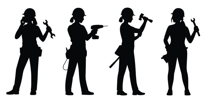 Black silhouettes of four female construction workers or mechanics wearing hard hats and holding various tools, isolated on a white background