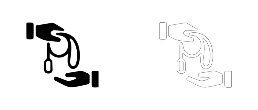 Hands passing dog leash vector icon filled and outline, pet adoption handoff and new owner symbol.