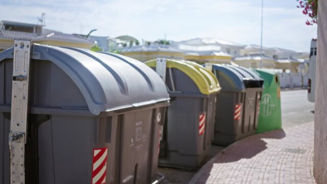 Row of urban garbage containers with shallow bokeh and defocused residential buildings on a sunlit street; background backplate copyspace overlay.