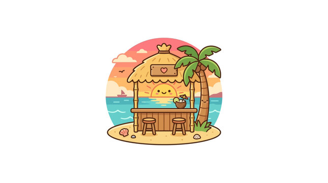 Tropical beach tiki bar with sun and palm trees.