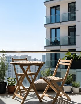 Small balcony with folding wooden table and chairs surrounded by potted plants | Urban apartment outdoor dining nook with city skyline backdrop