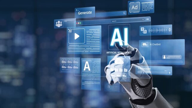 A futuristic robot hand interfaces with digital screens that display various concepts of artificial intelligence and technology in an urban setting. Synapse
