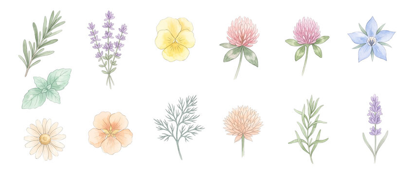 Watercolor botanical herb flower set isolated on black background for design, featuring lavender, rosemary, mint, clover, borage, chamomile, and culinary garden plants clipart collection illustration.
