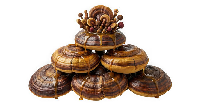 Stack of ganoderma lucidum mushrooms with syrup isolated on transparent background