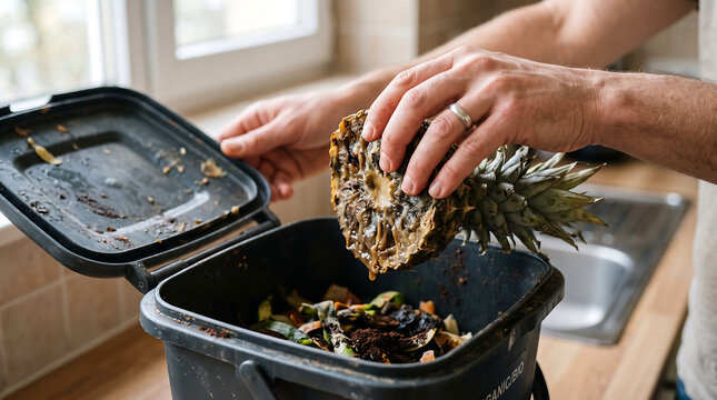 Person throwing away rotten pineapple into compost bin in kitchen