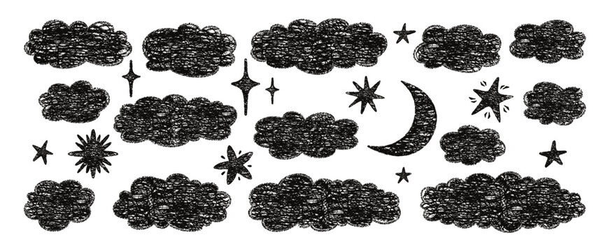 Childish crayon cloud star moon black silhouette set. Fluffy sky shapes with chalk pastel pencil texture in naive scribble style. Adorable elements for kids room, baby and school background art