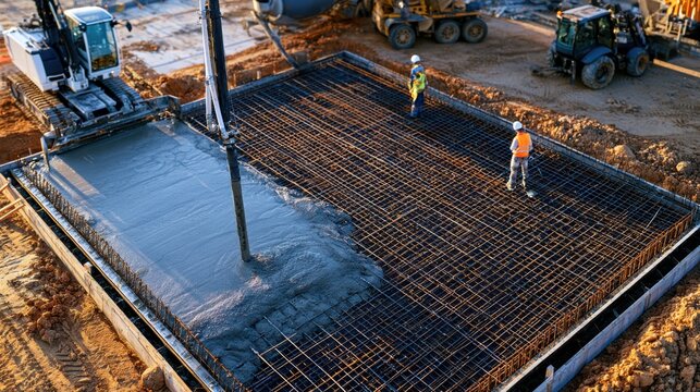 Workers pour concrete over a rebar grid on a construction site foundation, observed from above, highlighting safety and teamwork.