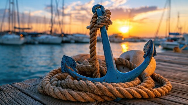 Classic blue anchor and marine rope on a wooden pier at sunset, with sailboats in a tranquil harbor. Ideal for maritime themes and coastal travel concepts.