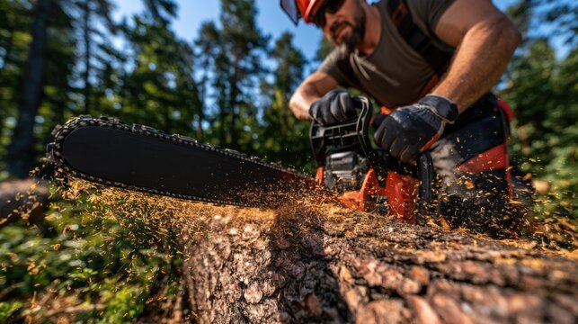 Logger in safety gear cuts tree trunk with chainsaw in forest, sawdust flying vividly. Ideal for topics on forestry, safety, and outdoor work.