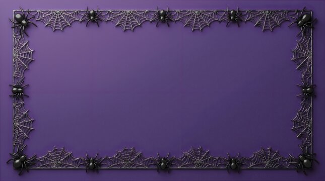 Black spooky spider web rectangular frame on a dark purple background for halloween party