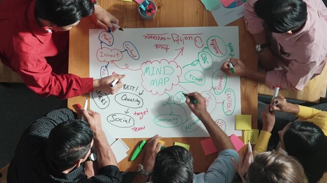 Top down view of business team working together by using mind map brainstorming idea and sharing marketing strategy..Business people wearing casual cloth while planning start up project. Convocation.