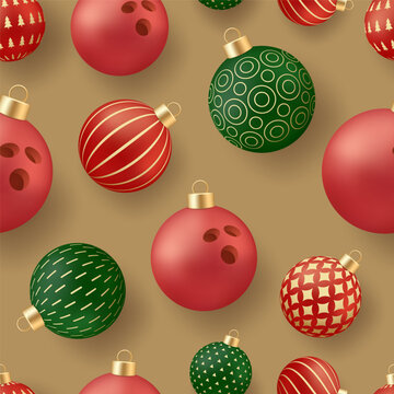 Bowling christmas. Creative Festive Pattern of Red and Green Christmas Ornaments Infused with Playful Bowling Ball Details