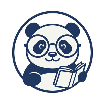 Cute smart panda wearing glasses reading a book mascot logo icon for education and learning concepts, minimal flat vector illustration